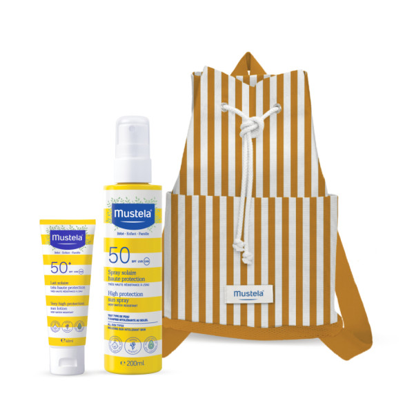 Mustela Protetor Solar Bebé Spray Solar Spf50 200ml + Leite Solar Rosto Spf50+ 40ml Preço Especial + Oferta De Mochila De Praia Amarelo